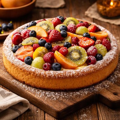 Image of Traditional German Obst Kuchen Fresh Fruit Flan Sponge Cake