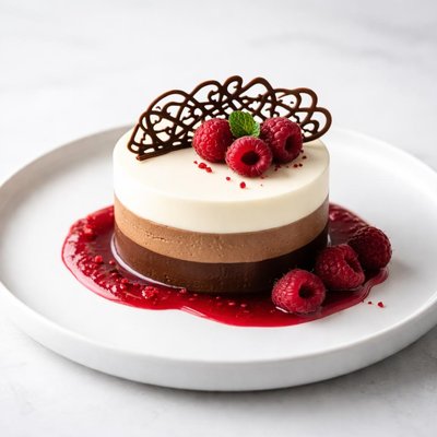 Image of Tri Chocolate Mousse with Raspberry Sauce and Chocolate Filigree