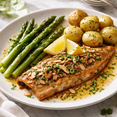 Image of Trout Amandine Steamed Asparagus and New Potatoes