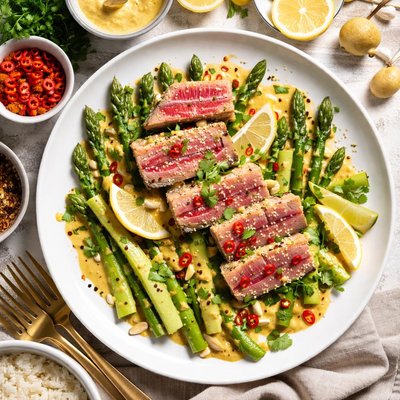 Image of Tuna and Asparagus with Creamy Lemon Curry Sauce