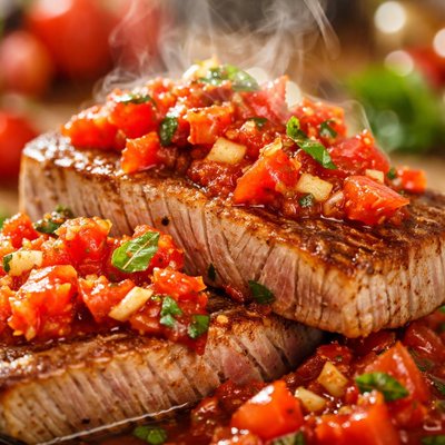 Image of Tuna Steaks with Garlic Lovers Fresh Tomato Sauce