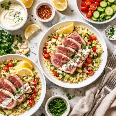 Image of Tuna Steaks with Lemon Yogurt Drizzle Over Couscous