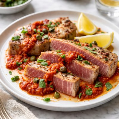 Image of Tuna Steaks with Roasted Red Pepper Sauce