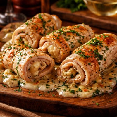 Image of Turkey and Cheese Roll Ups with White Wine Cream Sauce