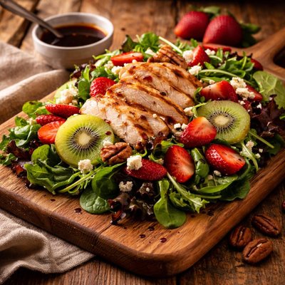 Image of Turkey Chicken Mixed Greens Salad with Kiwi and Strawberries in