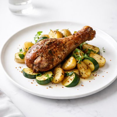Image of Turkey Drumsticks with Potatoes and Zucchini