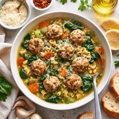Image of Turkey Meatballs and Pasta in Broth