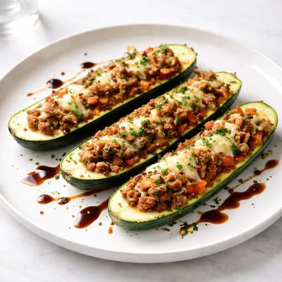 Image of Turkey Stuffed Zucchini with Warm Balsamic Glaze