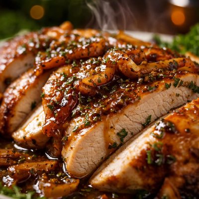 Image of Turkey with Herb Butter Caramelized Onion Balsamic Gravy