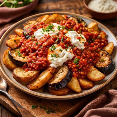 Image of Turkish Eggplant and Potato Kizartma with Tomato Iskender Sauce