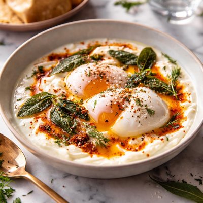 Image of Turkish Poached Eggs with Yogurt and Spicy Sage Butter