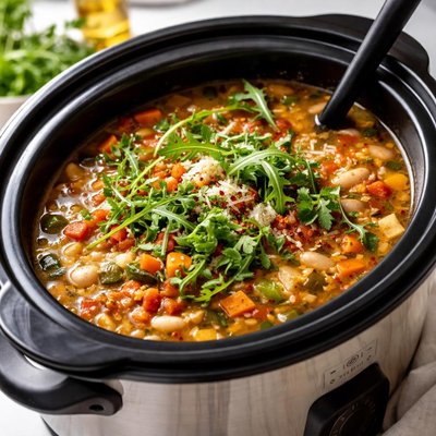Image of Tuscan Bean Soup with Arugula in Crockpot