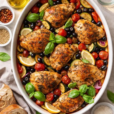 Image of Tuscan Roast Chicken with Tomatoes Zucchini and Olives