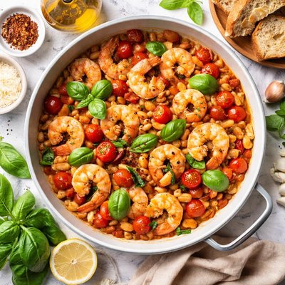 Image of Tuscan Shrimp with White Beans Tomatoes and Basil