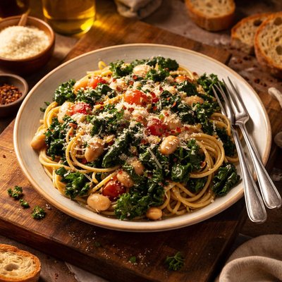 Image of Tuscan Style Spaghetti with Kale and Cannellinis
