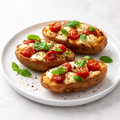 Image of Twice Baked Potatoes with Mozzarella Tomato and Basil