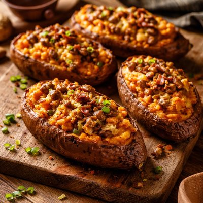 Image of Twice Baked Sweet Potatoes with Leeks and Sausage