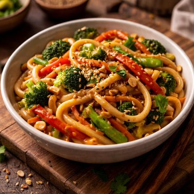 Image of Udon Noodles with Asian Vegetables and Peanut Sauce