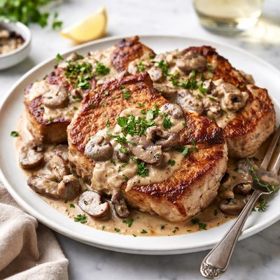 Image of Un Stuffed Pork Chops with Mushroom Sauce