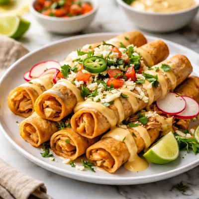 Image of Unfried Chicken Flautas with Cheese Sauce