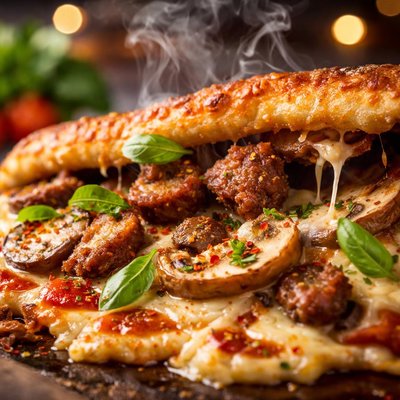 Image of Upside Down Sausage and Mushroom Pizza