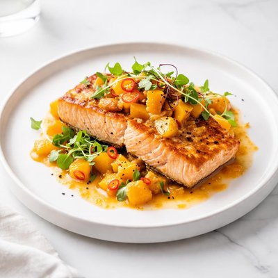Image of V8v Fusion Pan Seared Salmon in Peach Mango Sauce