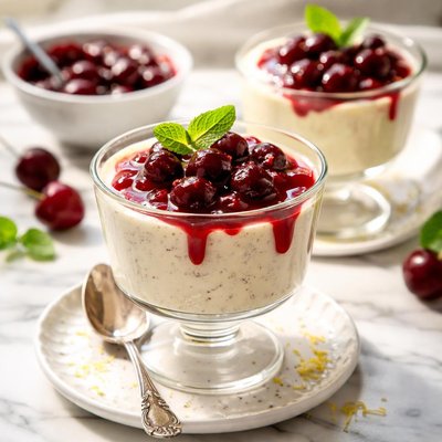 Image of Vanilla Bean Custard with Sour Cherry Sauce