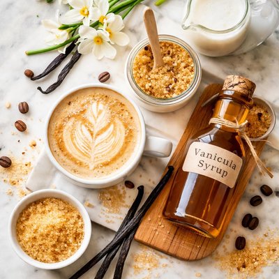 Image of Vanilla Latte with Vanilla Syrup and Vanilla Infused Raw Sugar