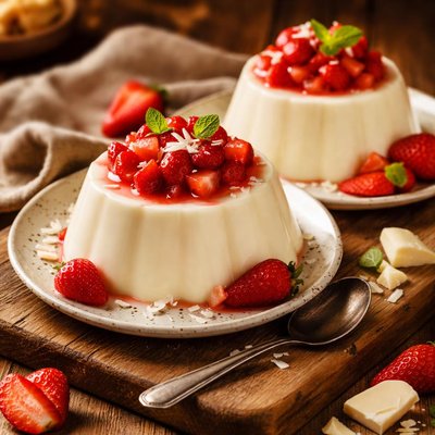 Image of Vanilla White Chocolate Panna Cotta with Strawberries