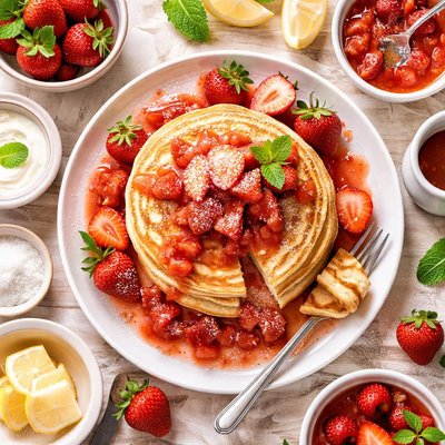 Image of Vanilla Yogurt Pancakes with Strawberry Syrup