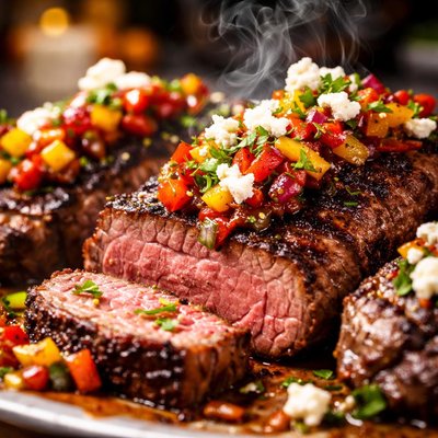 Image of Vaquero Steaks with Pepper Relish and Goat Cheese