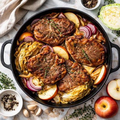 Image of Veal Chuck Chops with Onions Cabbage Apples
