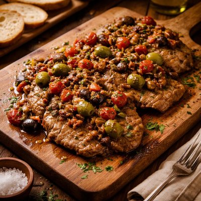Image of Veal Cutlets with Olive Tomato and Anchovy Sauce