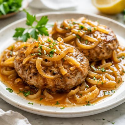 Image of Veal or Turkey Burgers W Onion Gravy Low Fat