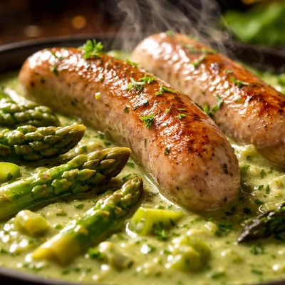 Image of Veal Sausage with Asparagus Sauce and Asparagus Tips