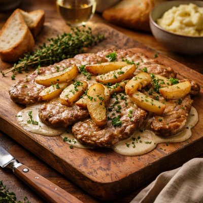 Image of Veal Scaloppine W Cream Calvados Apples Jacques Pepin