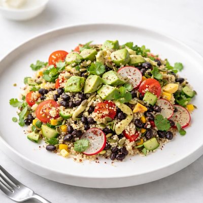 Image of Vegetable Bean and Quinoa Salad with Avocado Dressing