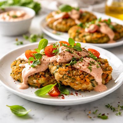 Image of Vegetable Cakes with Tomato Basil Cream