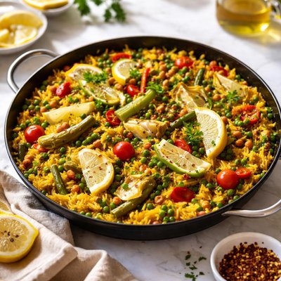 Image of Vegetable Paella with Artichokes Yellow Rice