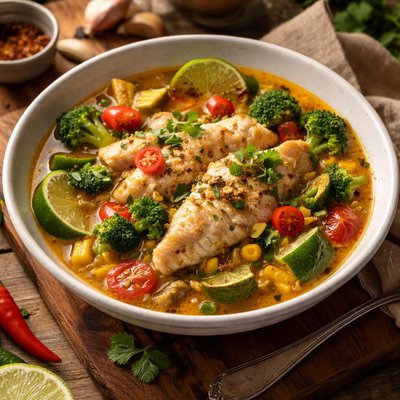 Image of Vegetables in Chili Lemon Chicken Broth Chicken Fish Fillet
