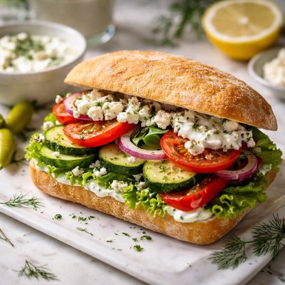 Image of Veggie Sandwich with Feta and Tzatziki Sauce