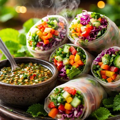 Image of Veggie Spring Rolls with Chimichurri Sauce