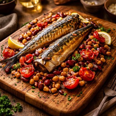 Image of Very Healthy Smoked Mackerel with Tomato and Mixed Beans