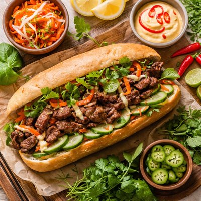 Image of Vietnamese Banh Mi Sandwich with Grilled Beef
