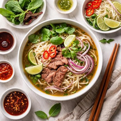 Image of Vietnamese Rice Noodle Soup with Beef and Fresh Herbs Pho