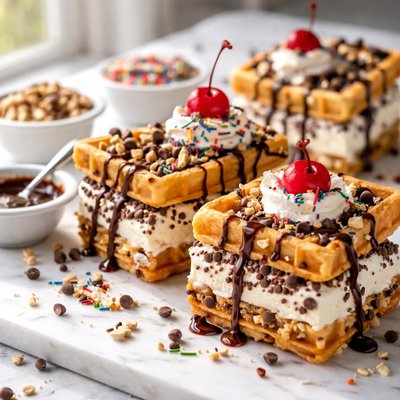 Image of Waffle Ice Cream Sandwiches with the Works