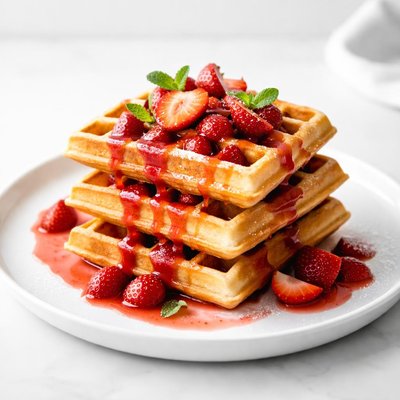 Image of Waffles with Fresh Strawberry Syrup Emeril Lagasse