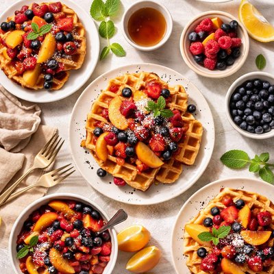 Image of Waffles with Peach Berry Compote