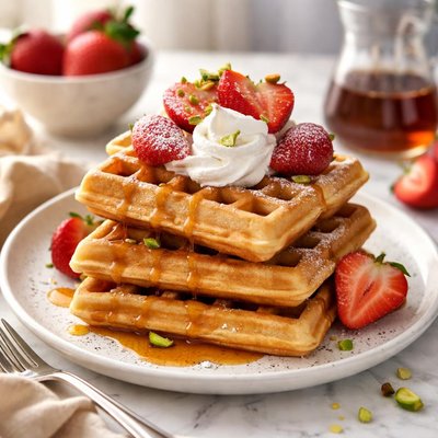 Image of Waffles sin lácteos con fresas y crema batida