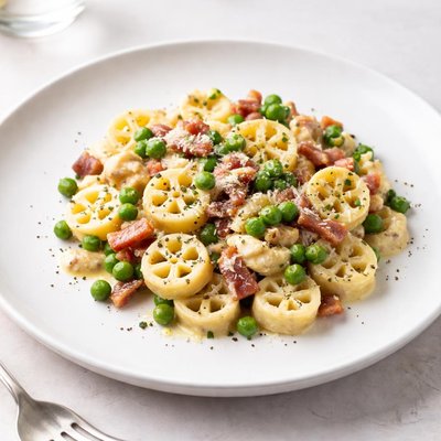 Image of Wagon Wheel Pasta with Ricotta Cheese Bacon and Peas